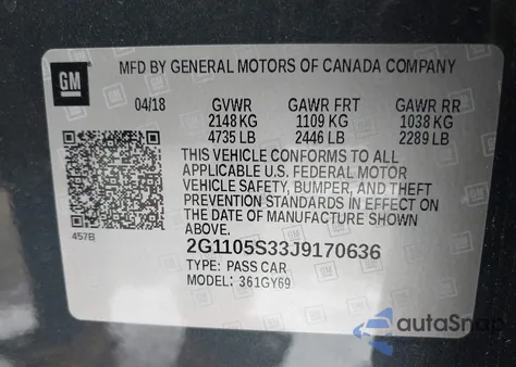 2018 Chevrolet Impala 1Lt z USA, uszkodzony, nr VIN 2G1105S33J9170636